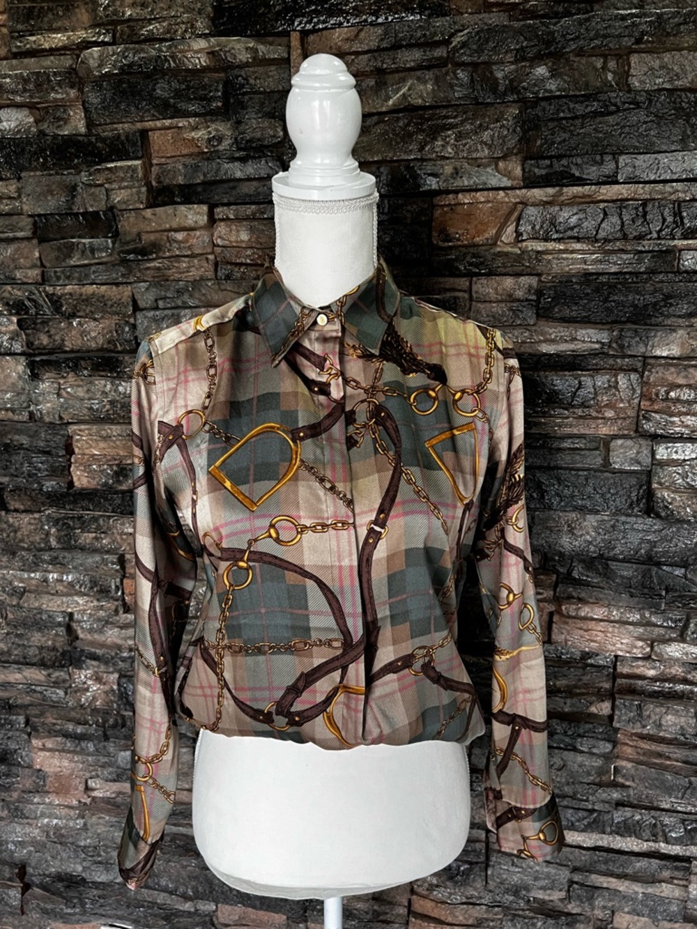 Lauren Ralph Lauren Brown & Green Plaid Chain-Print Long Sleeve Blouse - Picture 5 of 13